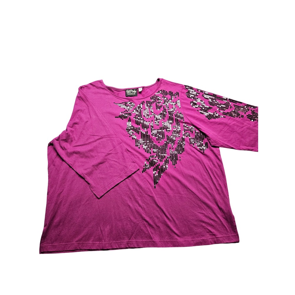 Bob Mackie Wearable Art‎ Pink Sequin Cotton Top 3X Magenta 3/4 Sleeve Plus Size